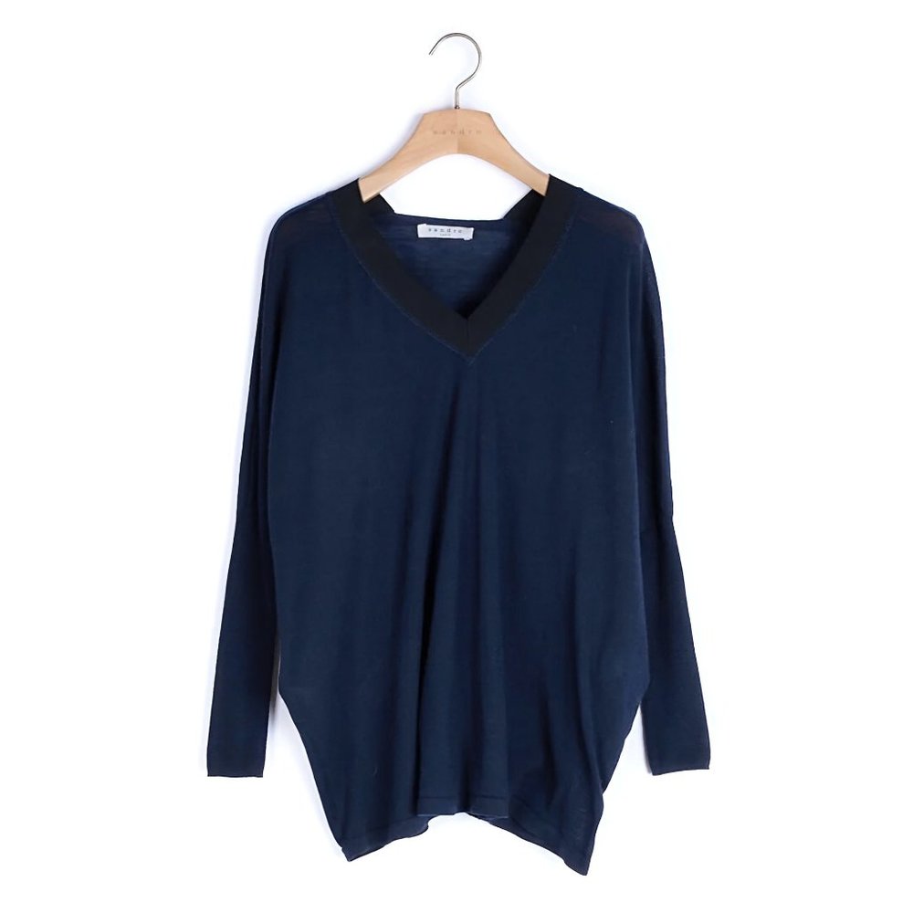 Sandro Paris Oversized Wool Navy Blue Grosgrain V-Neck Batwing Sleeve Sweater